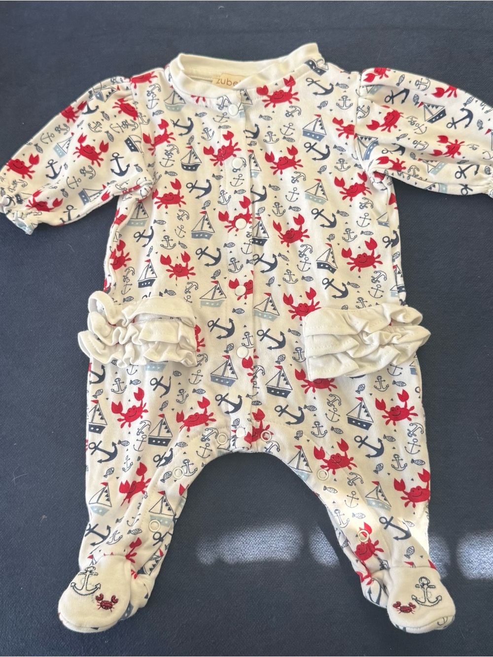 Zubels Natural Cream Nautical Crab Footed One-Piece Newborn Baby Organic Cotton